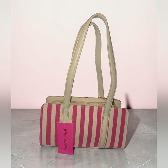 Betsey Johnson Pink Multi Striped Shoulder Bag with Floral Charm, NWT - Picture 5 of 5